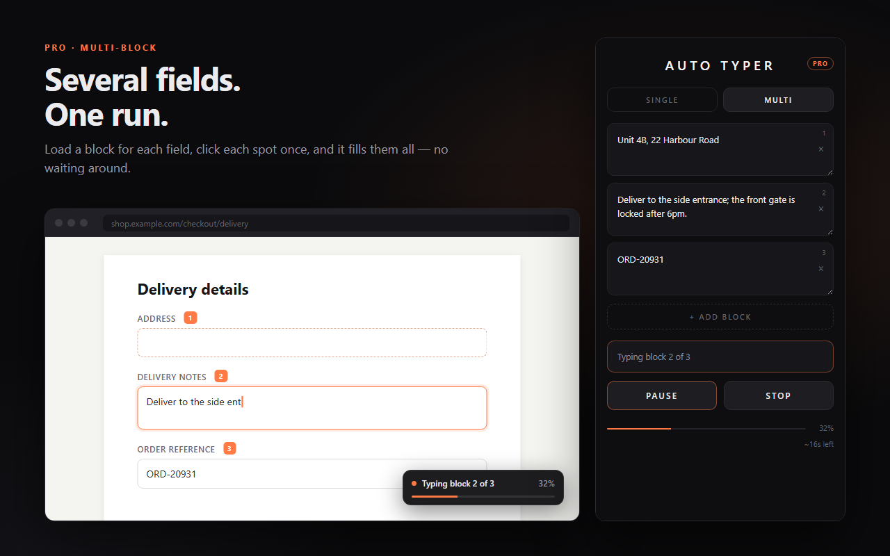 Multi-block run filling three form fields, with the next field already picked